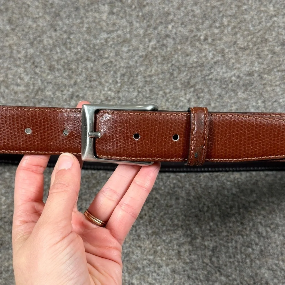 Miguel Bellido Brown Genuine Leather Belt Mens Size 36 Silver Tone Square Buckle